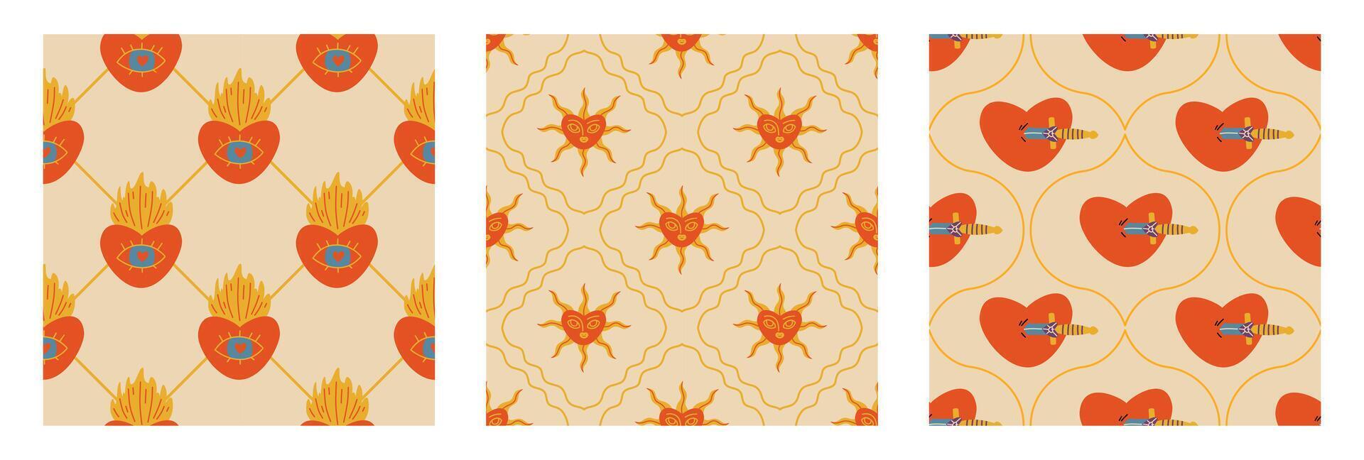 A set of seamless patterns with hearts in retro style. A burning heart, a pierced heart, a sun heart. vector