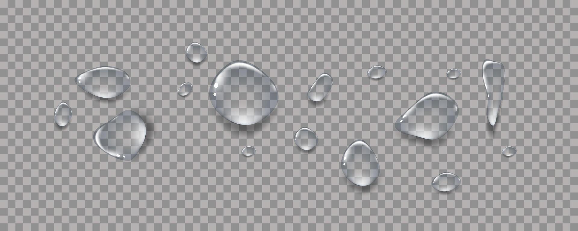 Rain transparent drops flow down the glass.Realistic wet condensation texture.Fresh water splash effect on the surface.Liquid spreading droplet shapes. vector