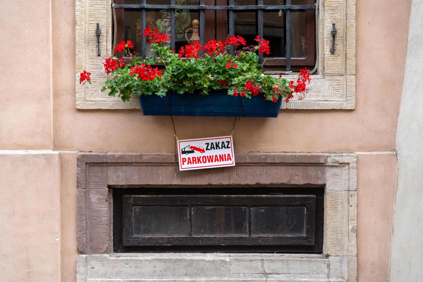 Pointer on the house under the window about the prohibition of parking. Flowers in a hill on the windowsill. Layout template sign photo