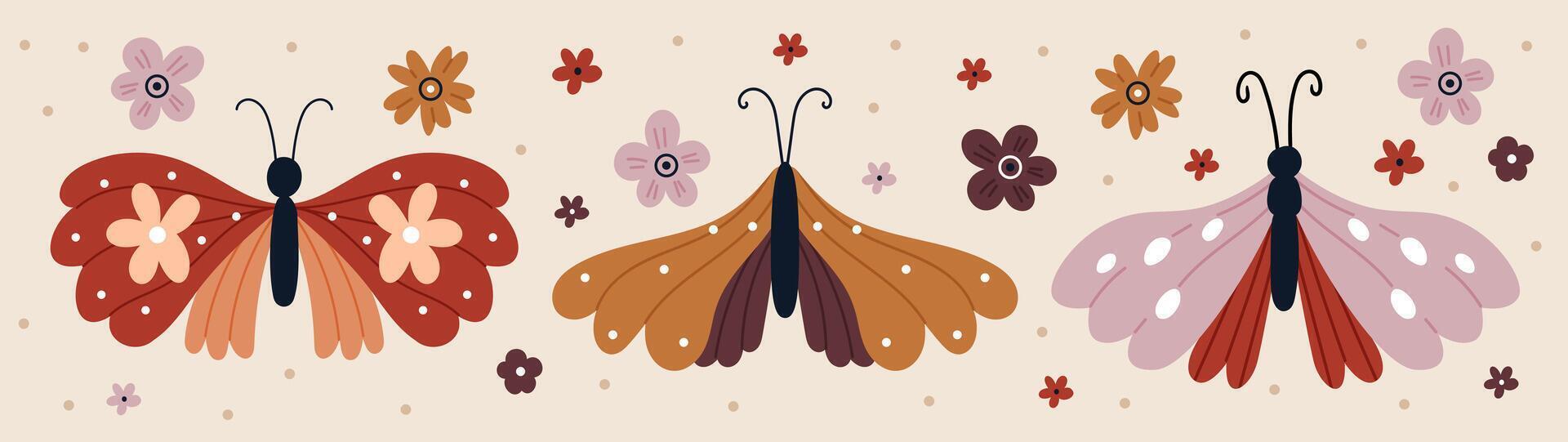 Butterflies in naive style in vintage colors. vector