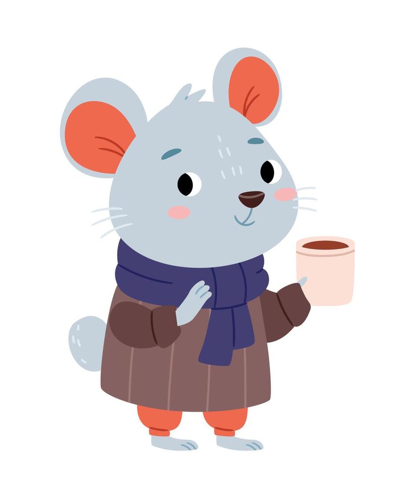 Cute children's character mouse in warm clothes holding a cup of coffee, tea or cocoa. vector