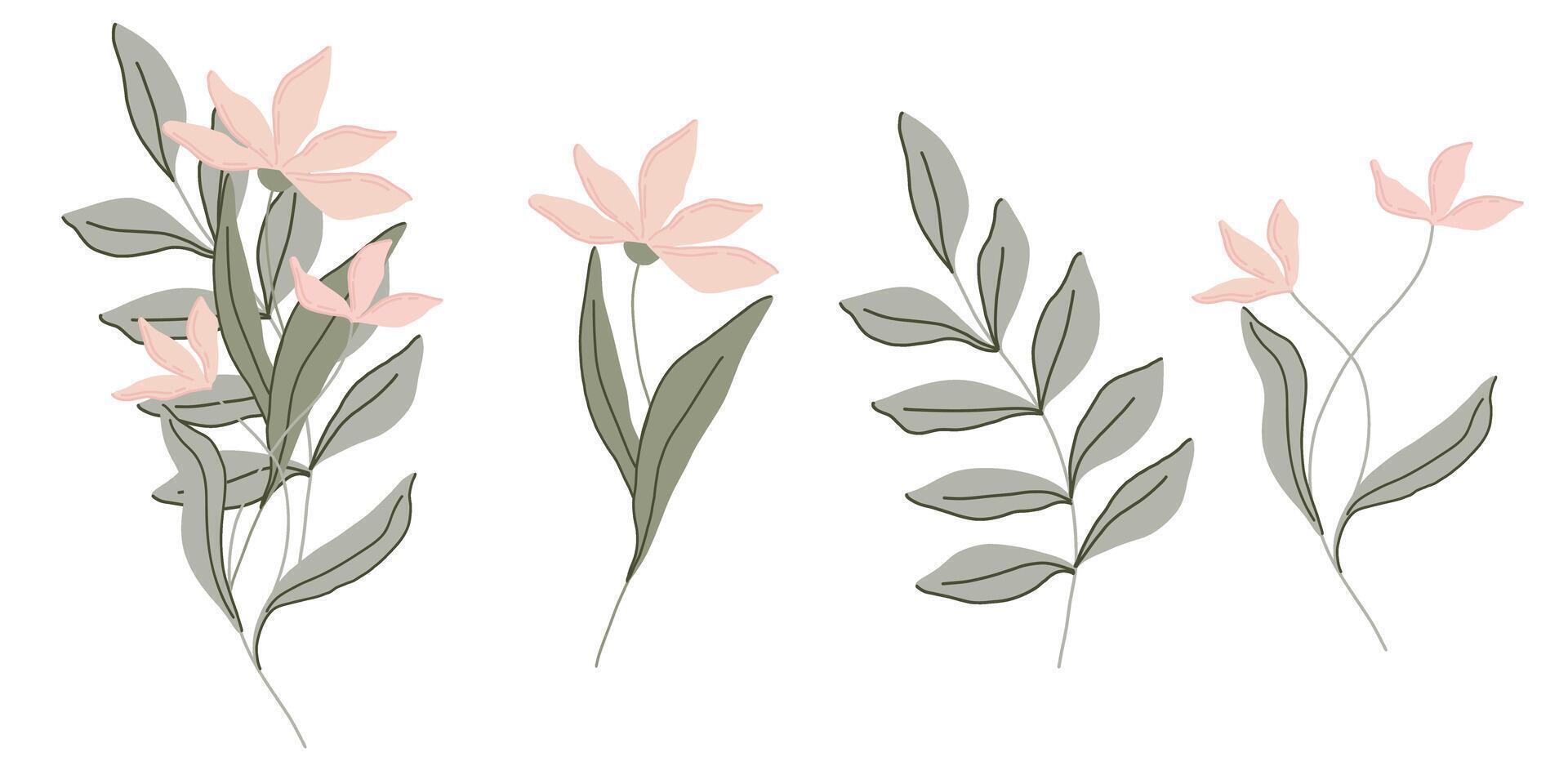 Minimalist botanical illustration of pastel pink flowers with green leaves, created in a soft hand drawn flat art style. Ideal for stationery, wedding invitations, textiles, digital projects vector