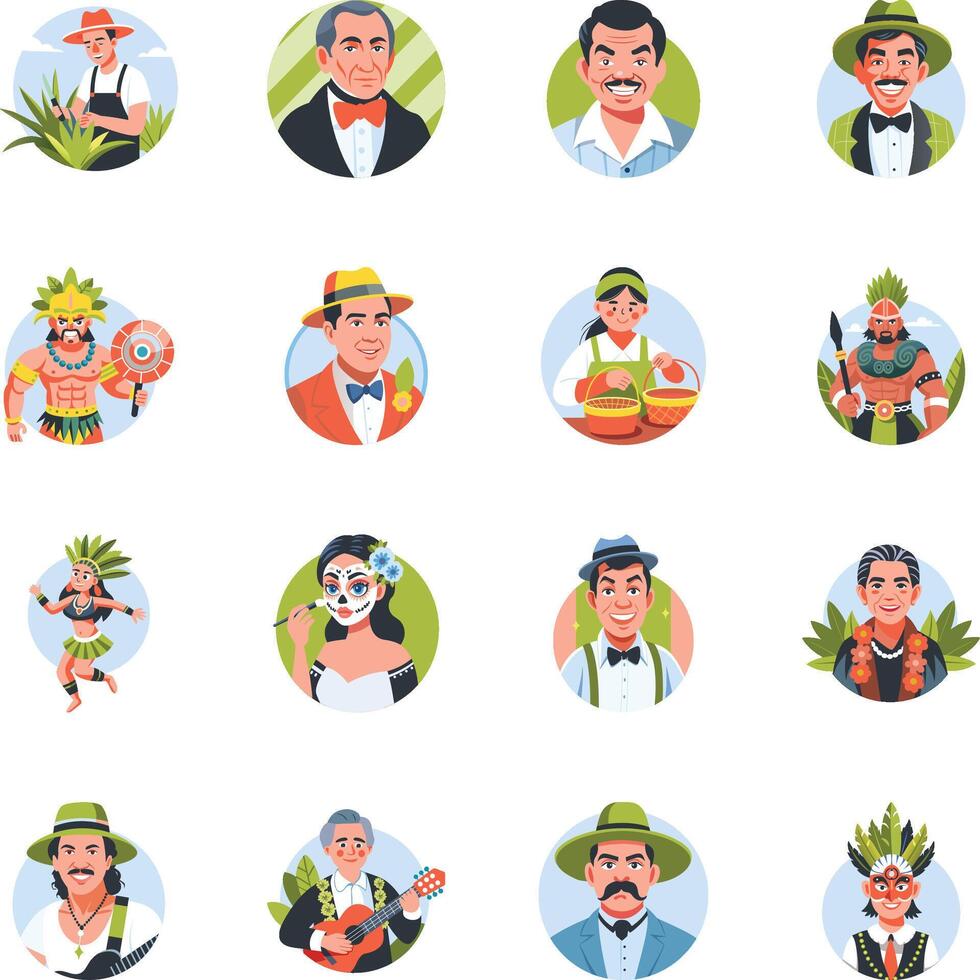 Collection of Mexican Characters Flat Style Illustrations vector