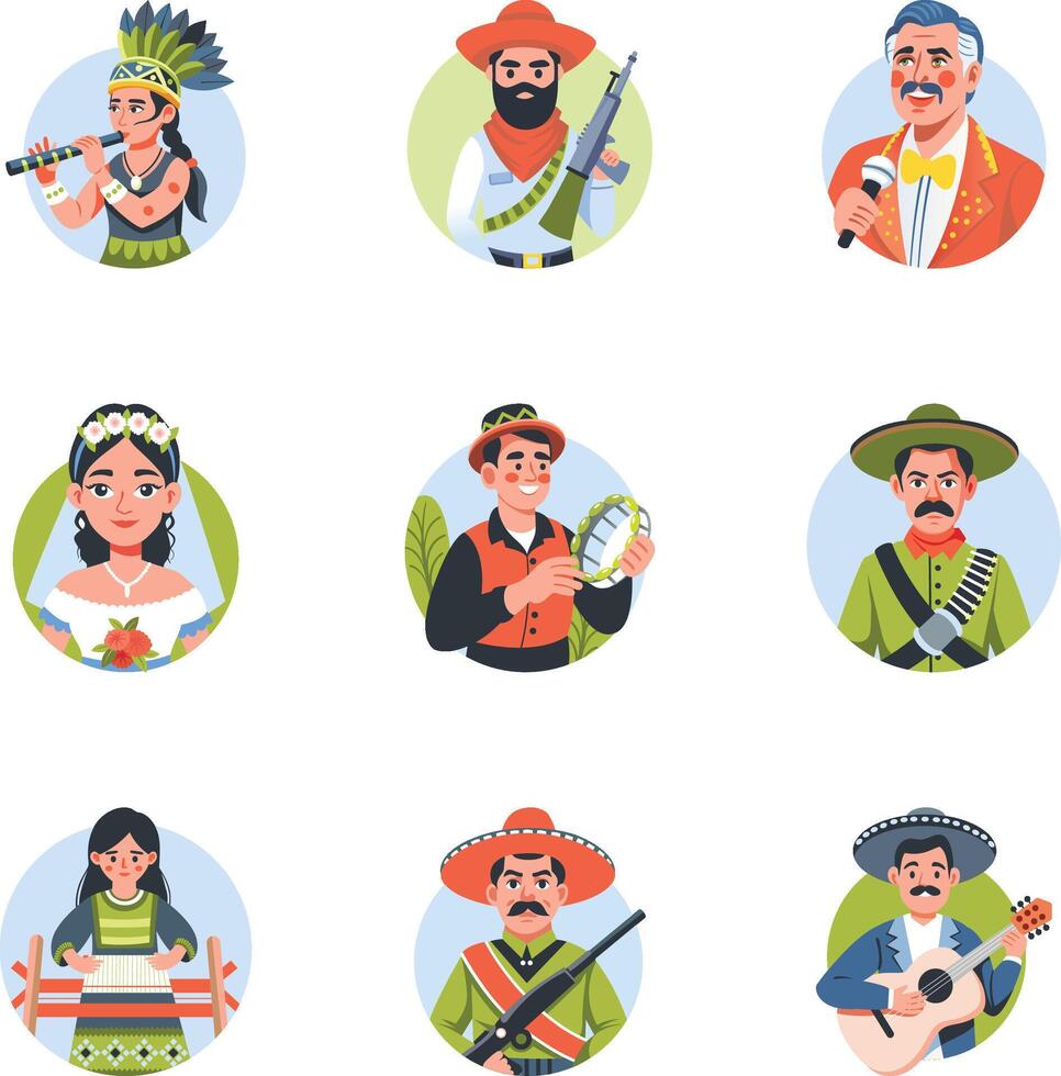 Collection of Hispanic Character Flat Style Illustrations vector