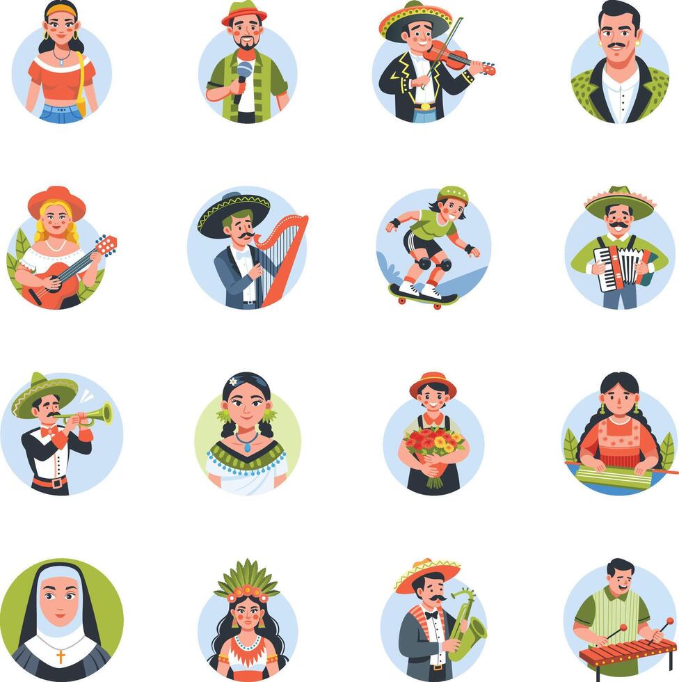 Collection of Flat Style Mexican Traditional Characters Illustrations vector