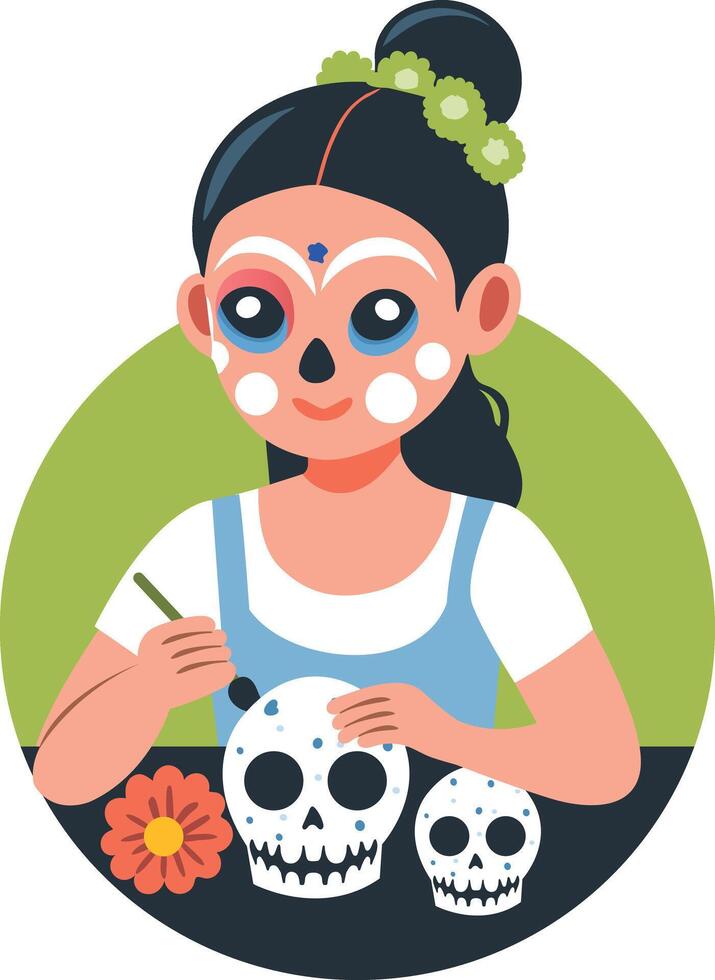 A flat illustration of a gothic girl painting on skull vector