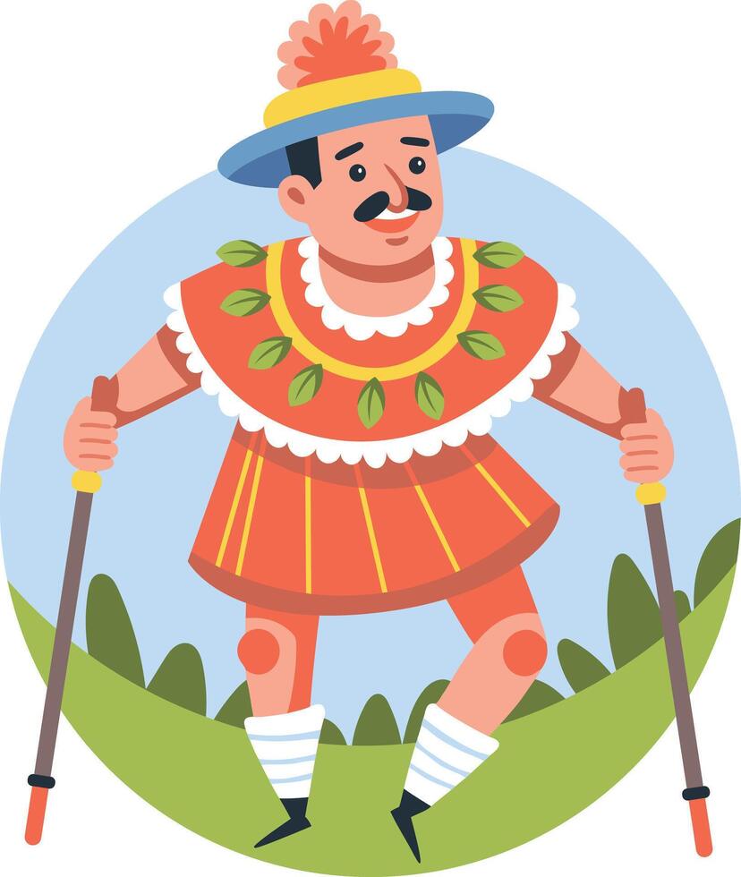 A flat illustration of a folk character doing traditional dance with sticks vector