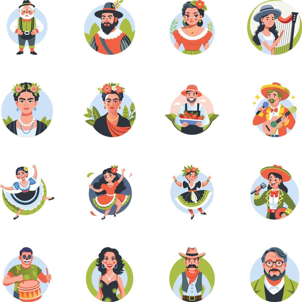 Set of Flat Style Mexican Cultural Characters Illustrations vector