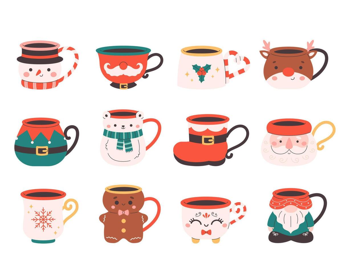 Cute holiday mugs collection. Christmas characters mugs. vector