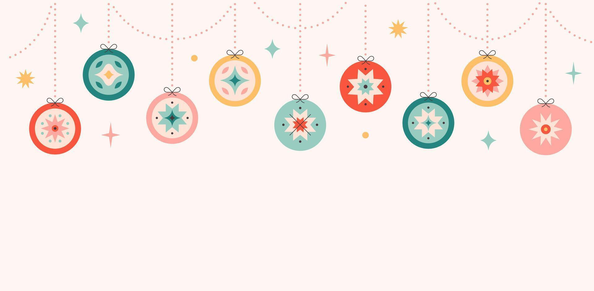 Background with Christmas tree toys. Christmas ornaments. Merry Christmas or Happy New Year greeting card vector