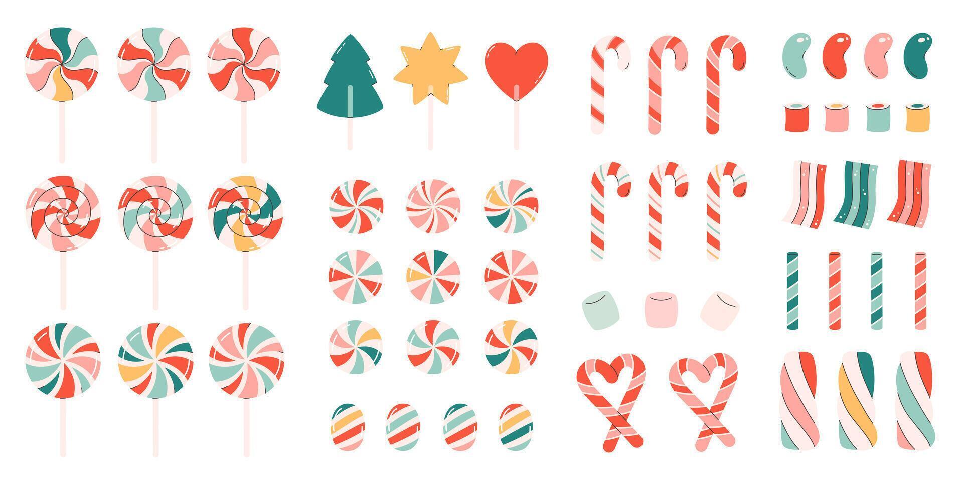 Sweets and candies collection. Lollipops, marshmallows, candy canes, jelly beans vector