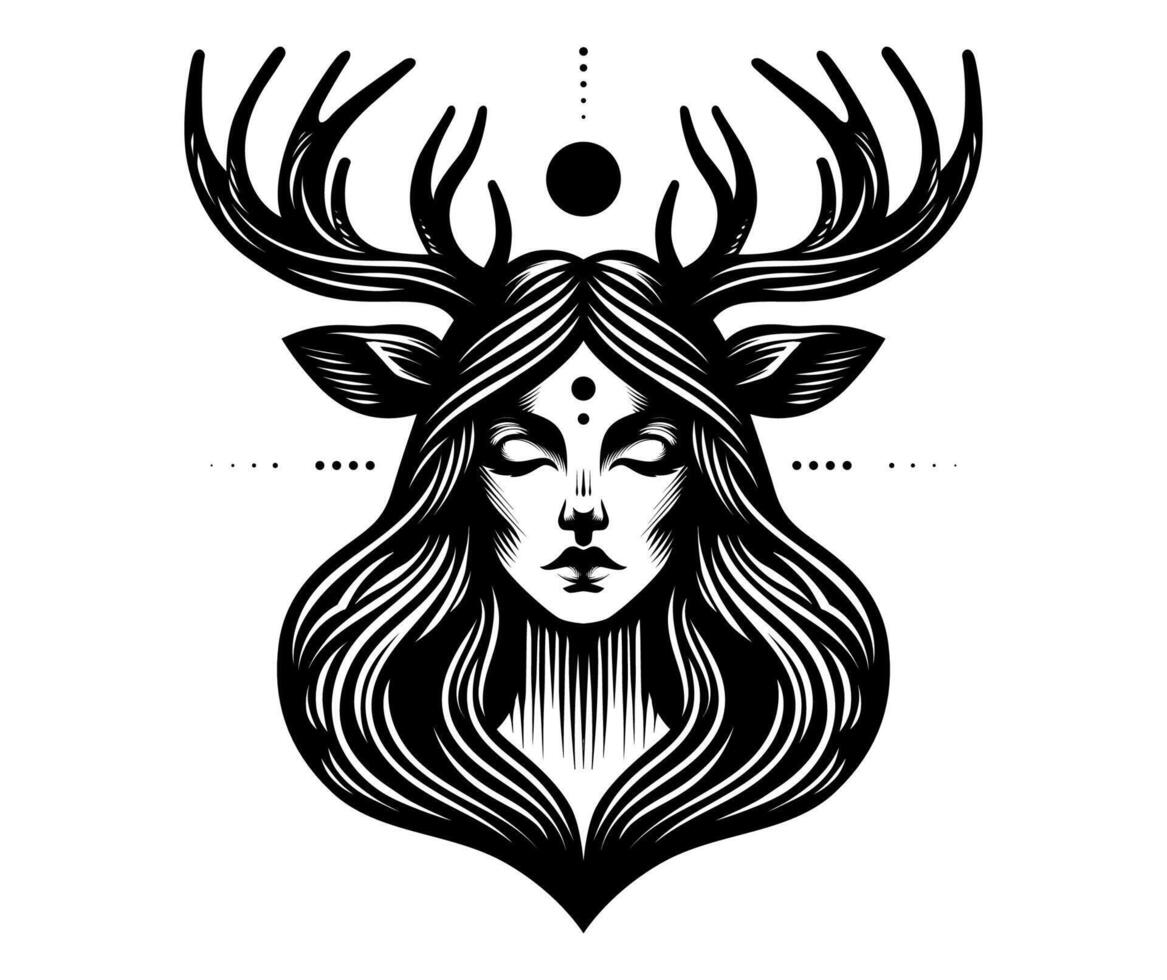 An illustration of female head in moon with deer antler in white background. Horror and mystery element design. vector