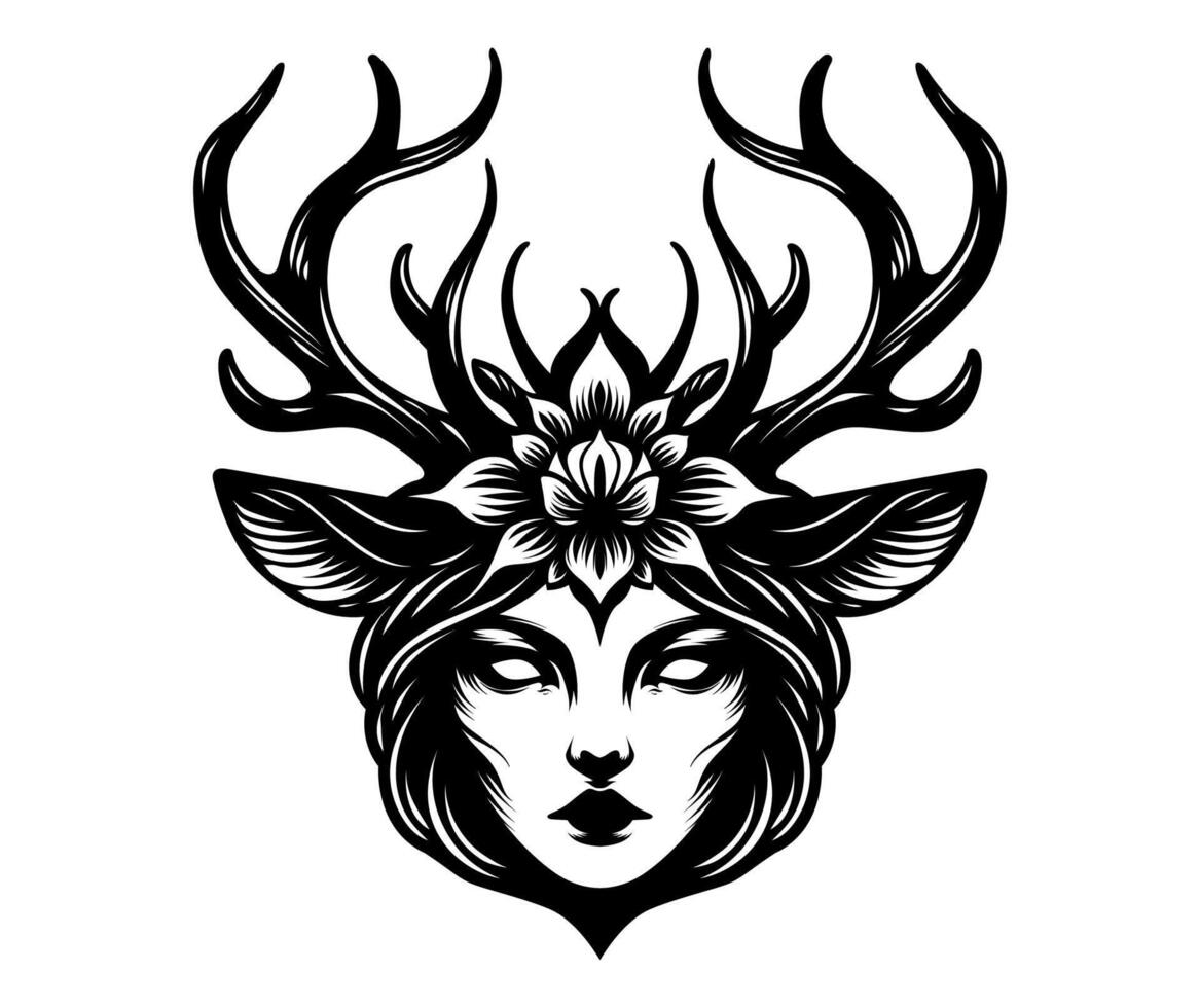 An illustration dark of female head with deer antler in white background. Horror and mystery element design. vector