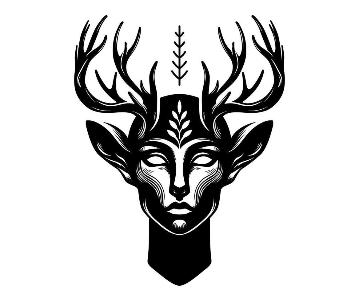 An illustration dark art of female head with deer antler in white background. Horror and mystery element design. vector