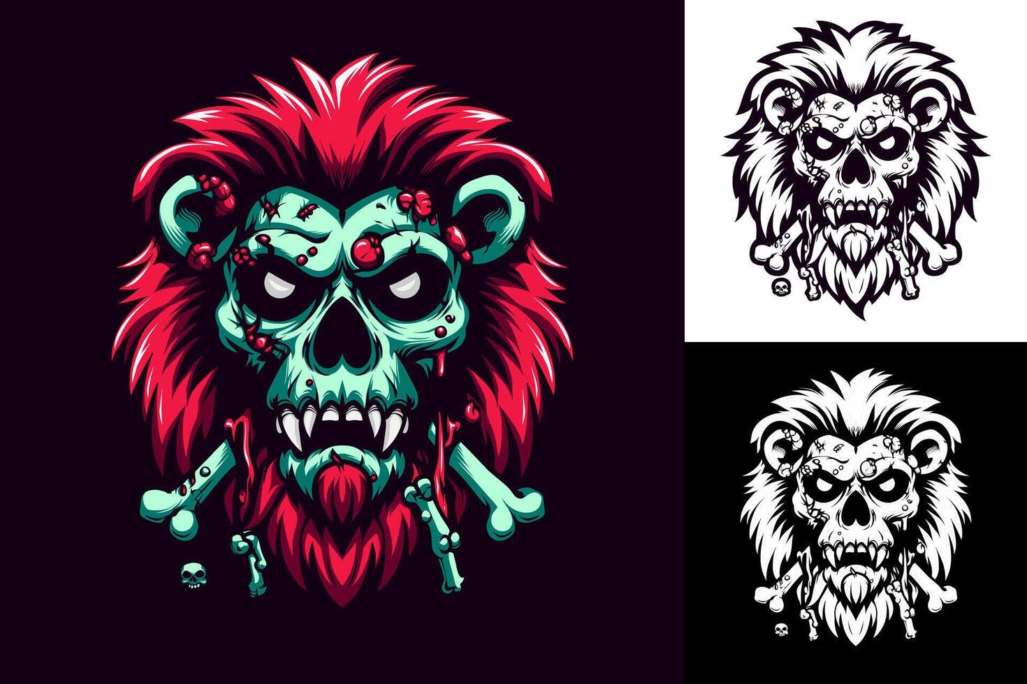 A lion head in zombie illustration. High detail of lion head in horror style. Fit for mascot, symbol, logo, merchandise. Eps 10. vector