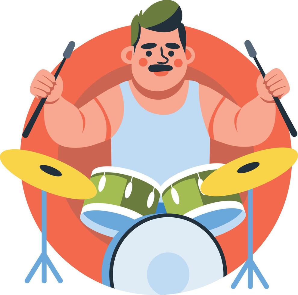 A flat illustration of jazz drummer beat drum with sticks vector