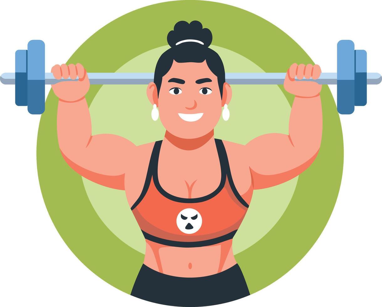 A flat illustration of a strong woman doing exercise with dumbbells vector