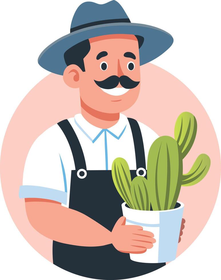 A flat illustration of mexican gardener holding cactus plant vector