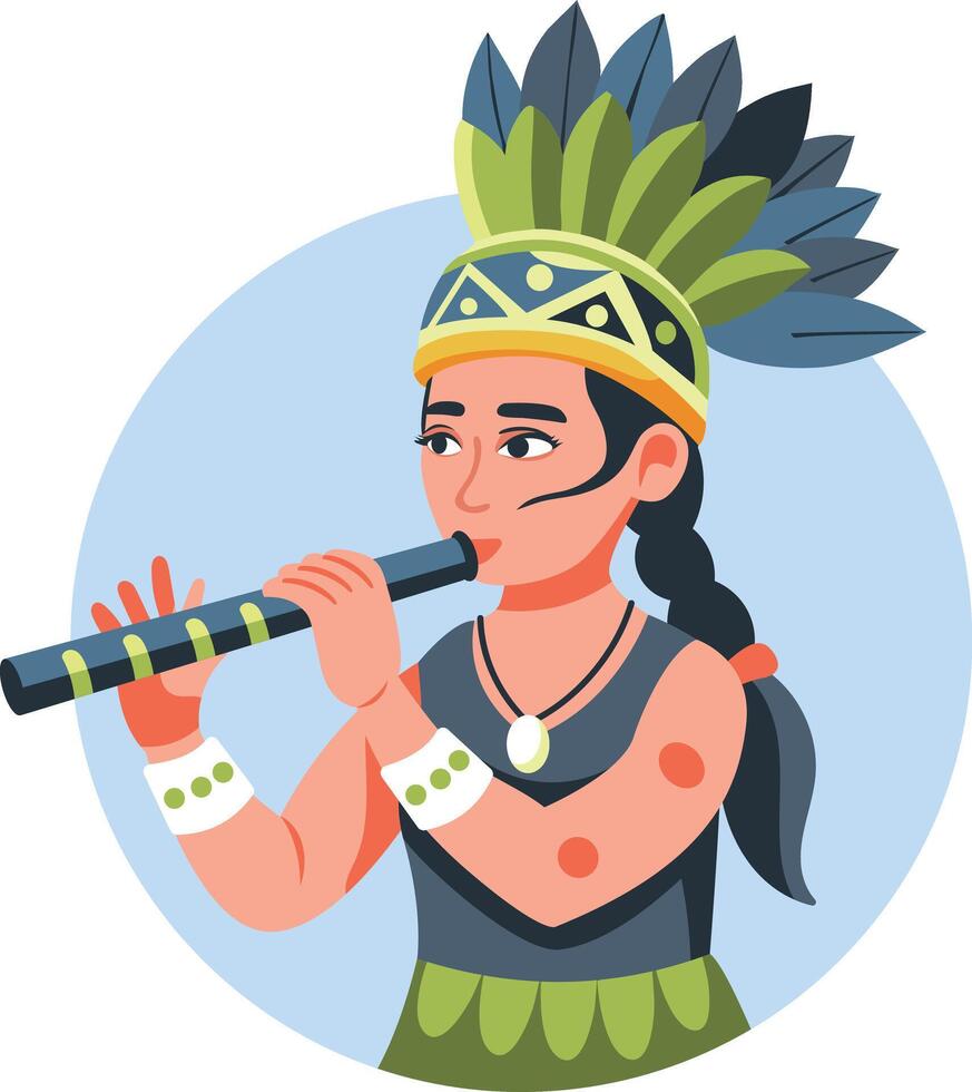 A flat illustration of a native girl playing flute vector
