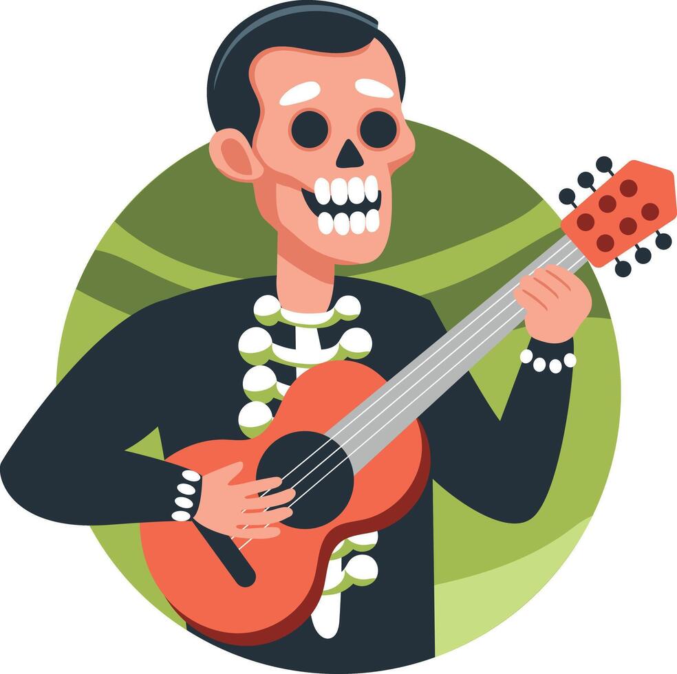 Mexican skeleton character playing guitar illustration in flat style vector