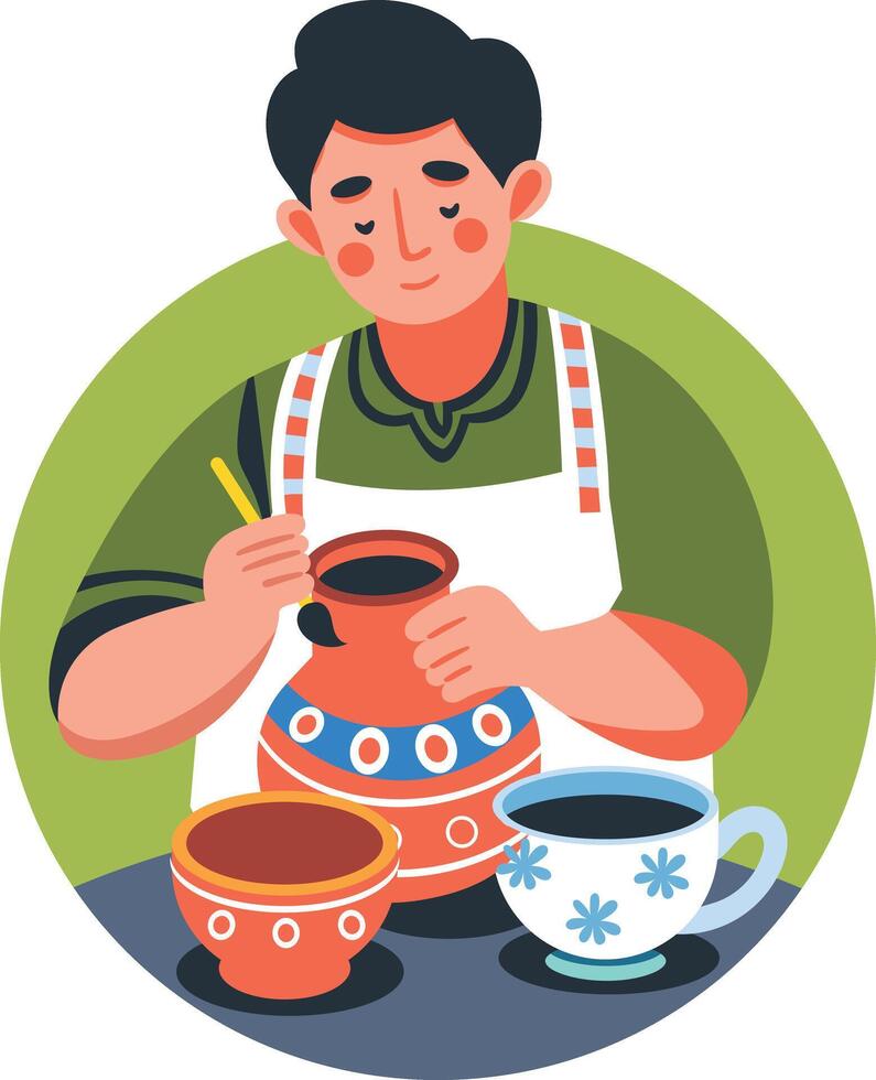 A flat illustration of potter painting on ceramics pots vector