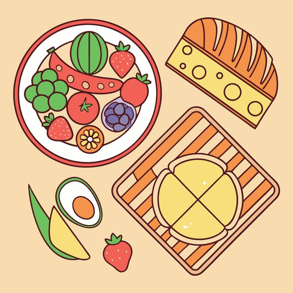 A plate with fruit and bread, eggs, cheese and other food vector