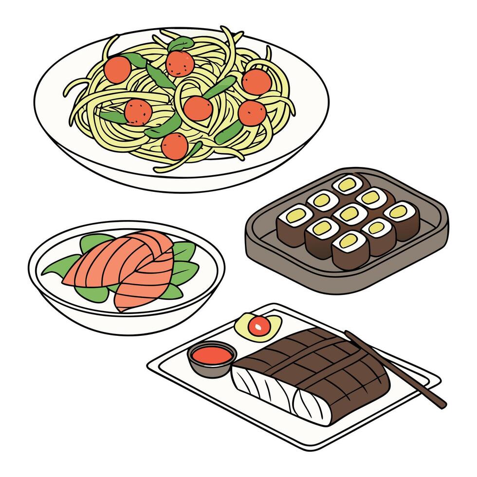 A set of food items including noodles, sushi, and vegetables vector
