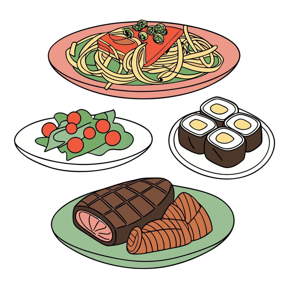 A set of four plates with food on them vector