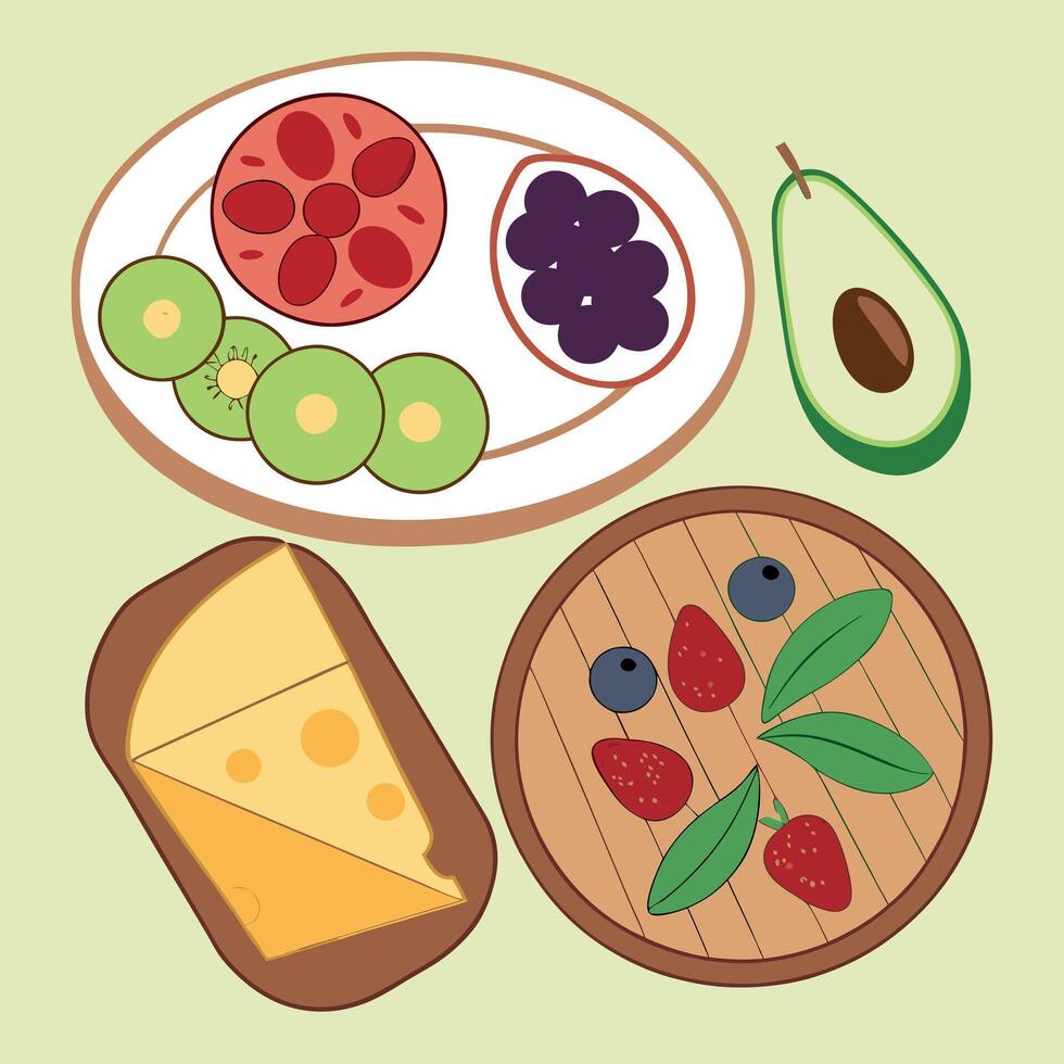 A plate with fruit, cheese and bread vector