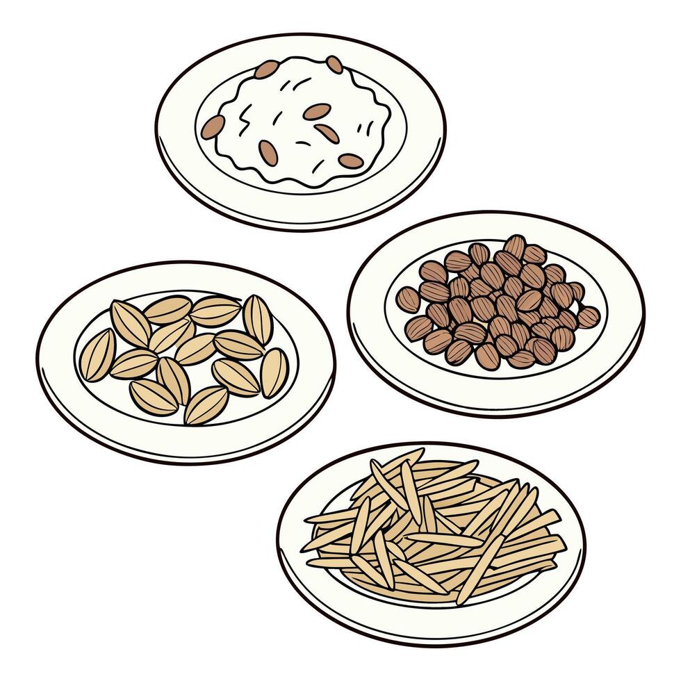 A set of four plates with different foods vector