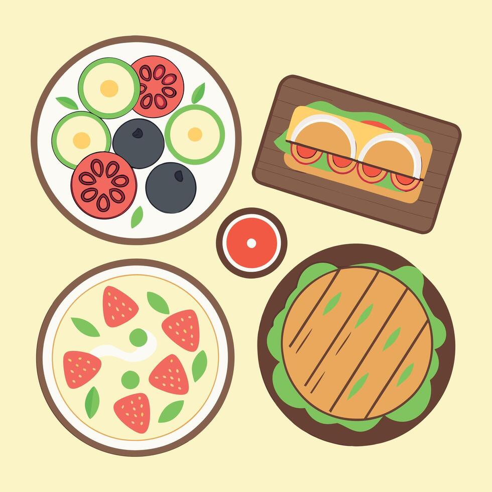 A flat design of food on plates vector