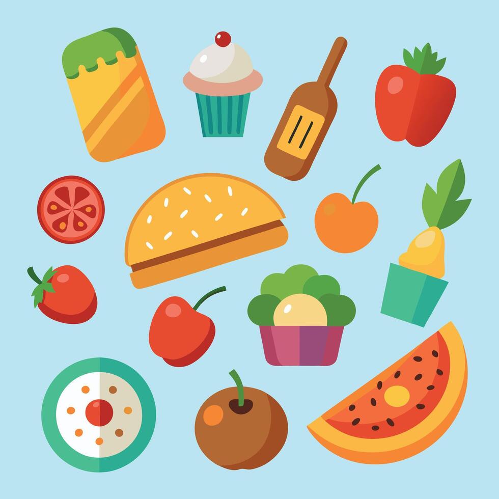 Flat food icons set on blue background vector