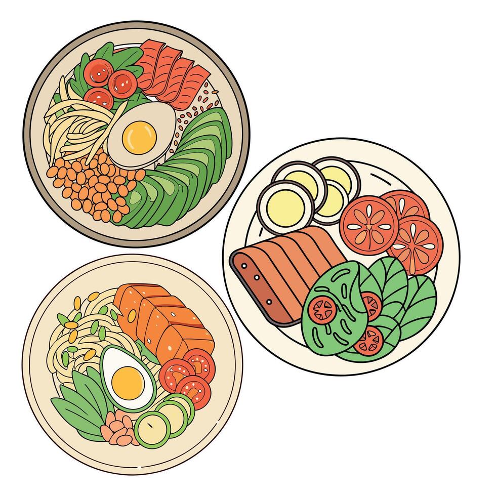 Three plates with food on them, including an egg, avocado, and tomato vector