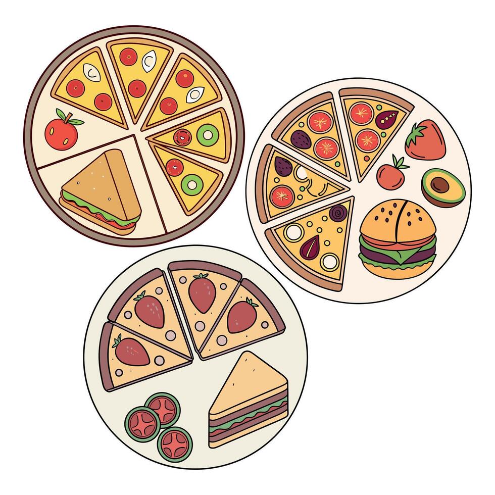 Pizza, burger and salad on plates vector