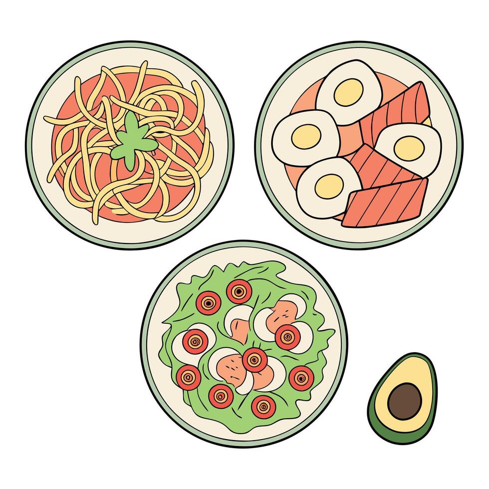 Three plates with food on them, including an avocado vector