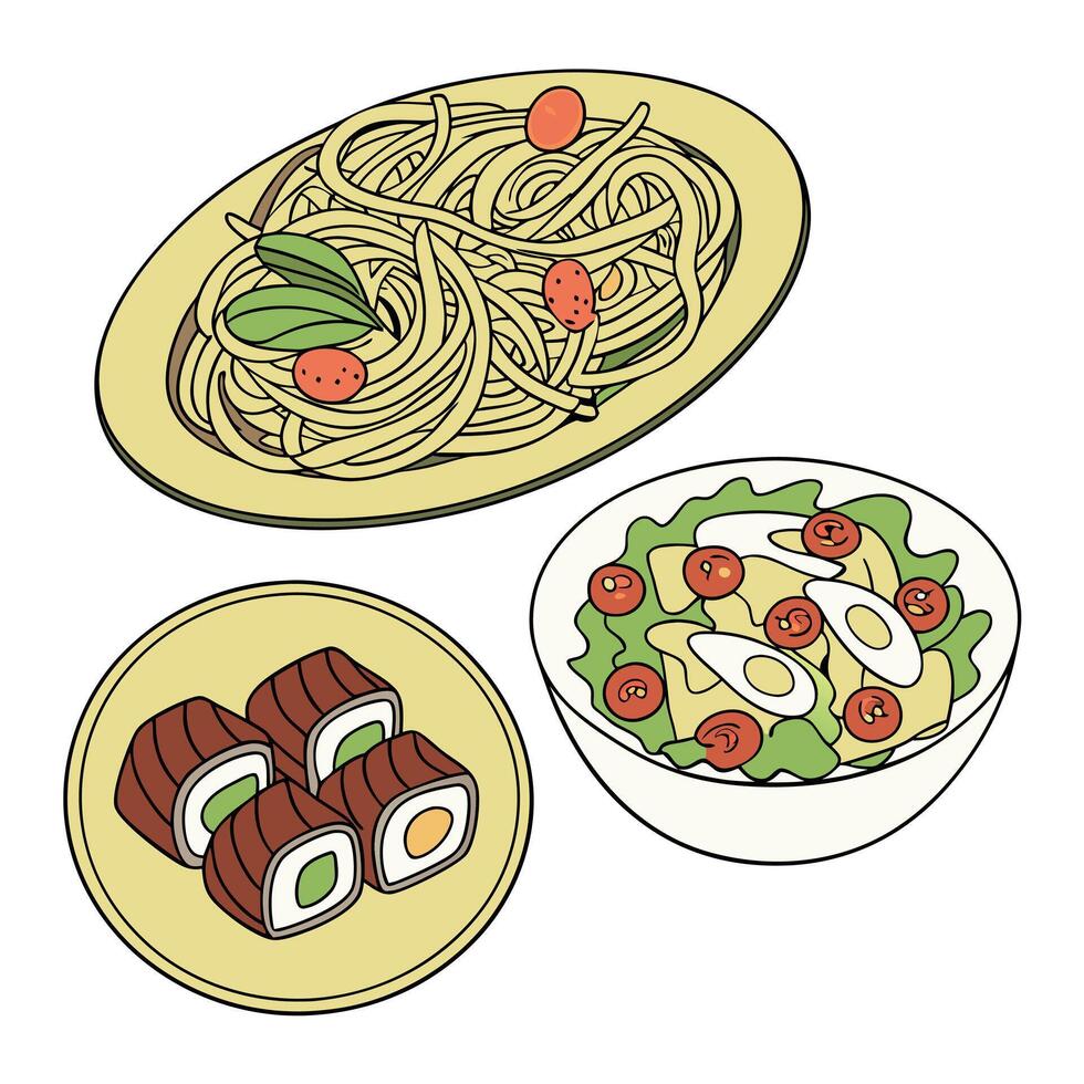 A plate with pasta, salad and sushi vector