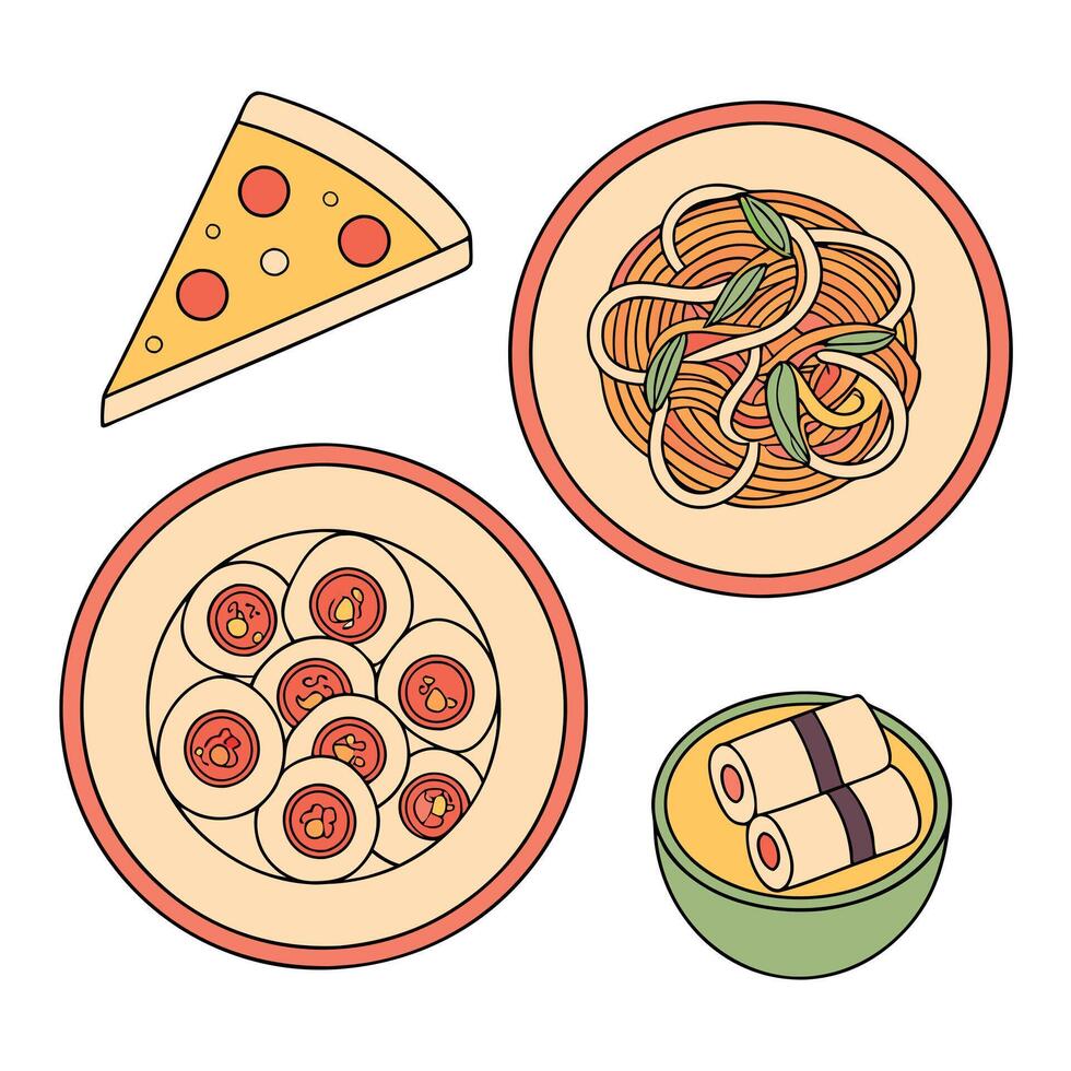 Plates with pasta, pizza and other foods vector
