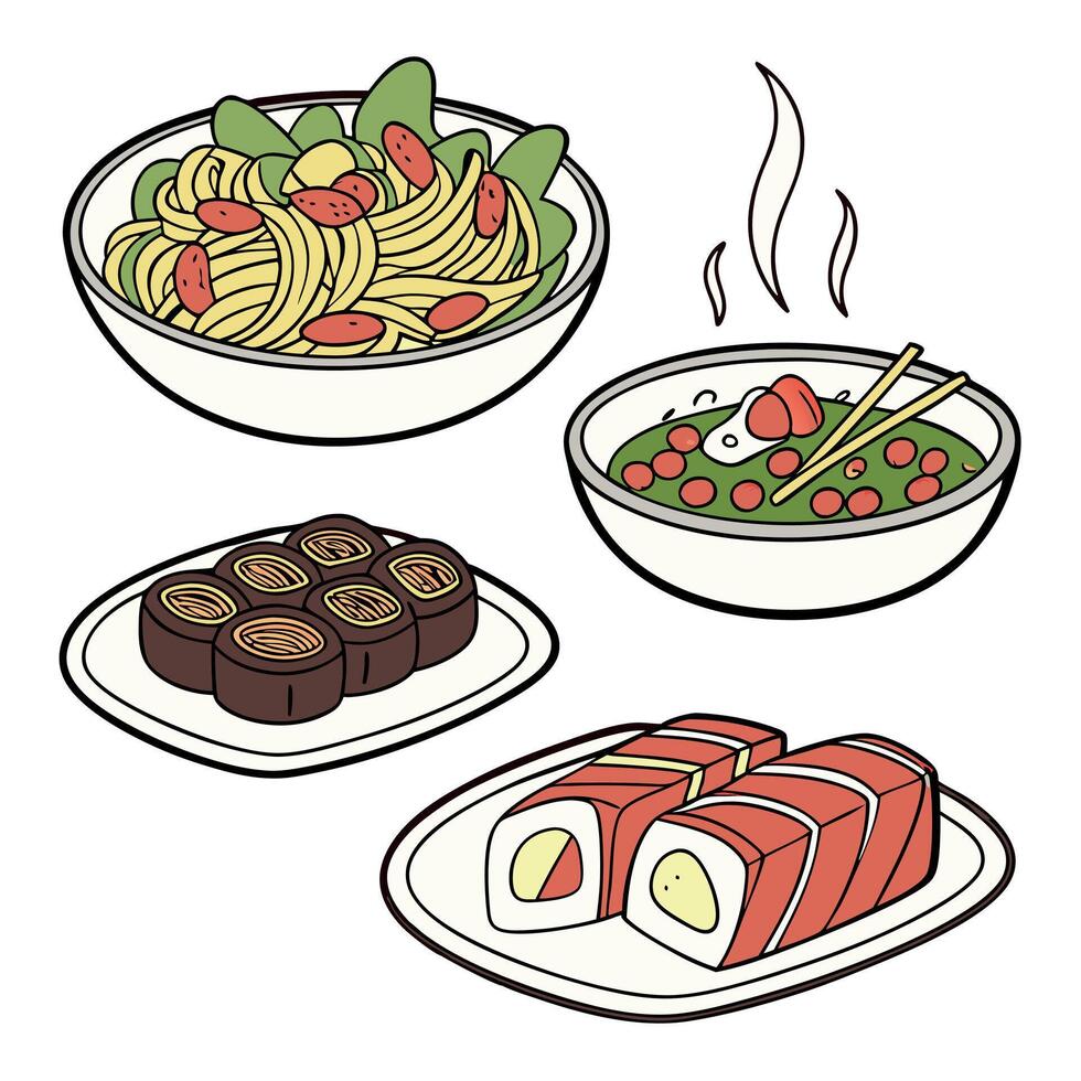 A set of different types of food including noodles, sushi, and meat vector