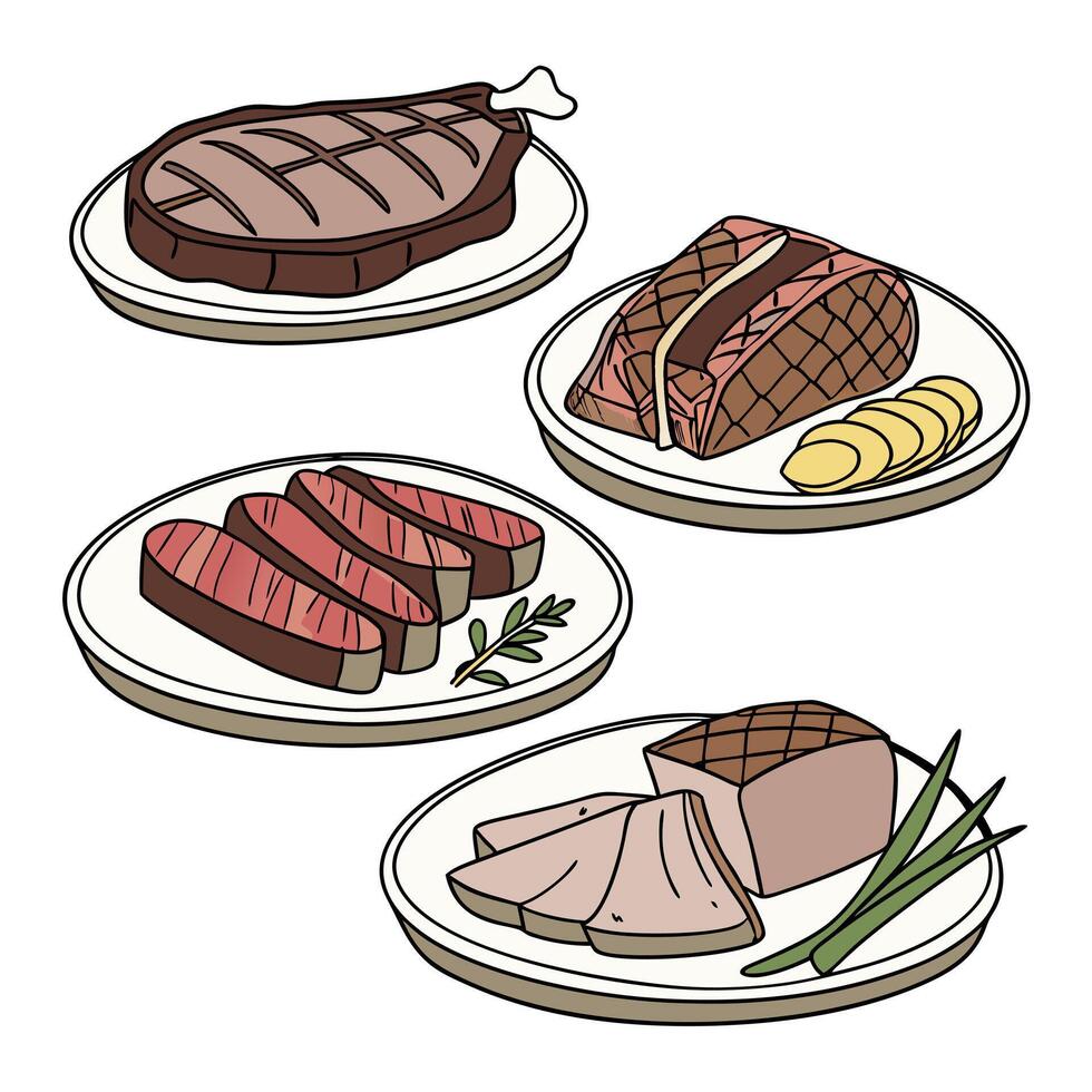 Hand drawn beef steak, pork steak, and chicken steak vector