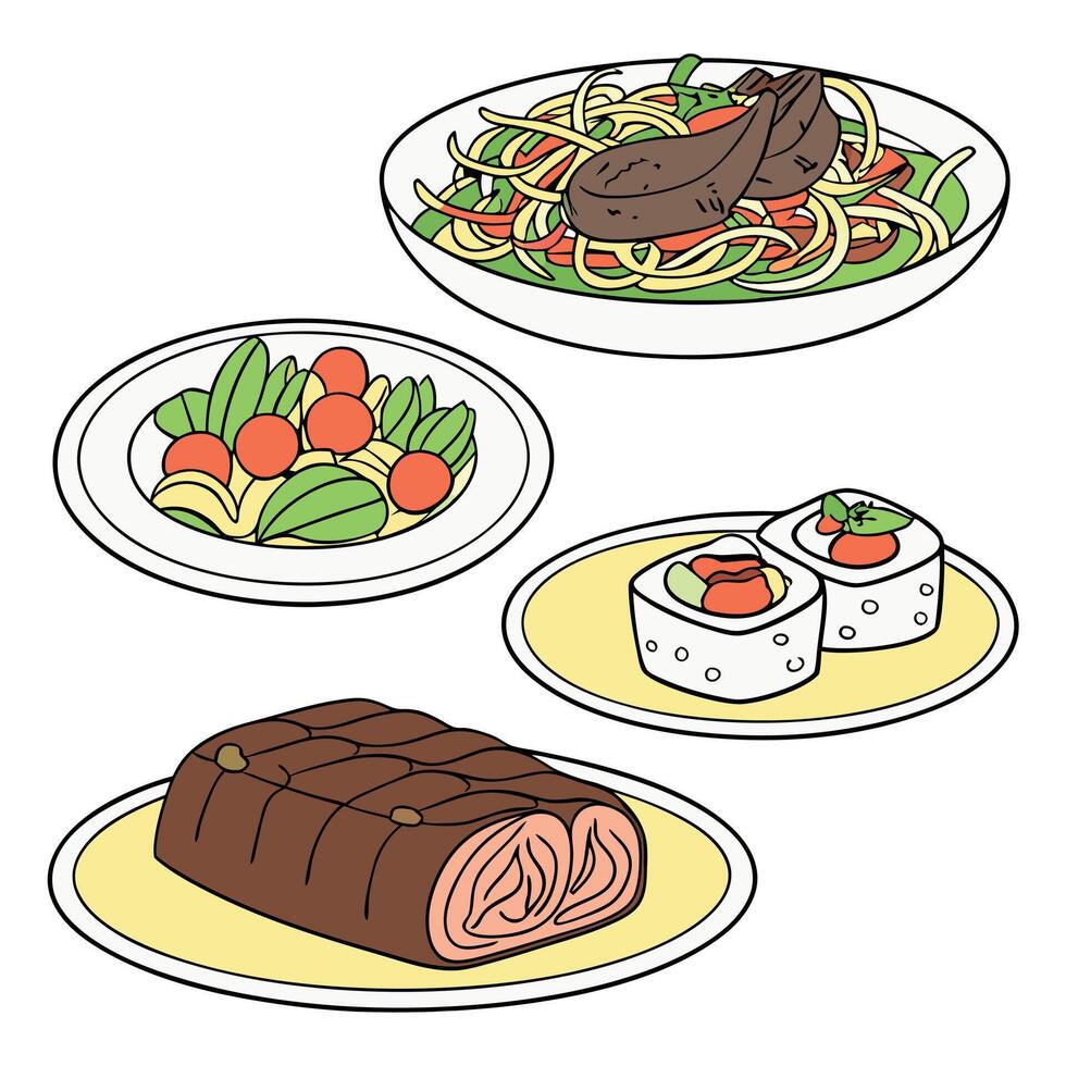 A set of three plates with meat, vegetables and salad vector