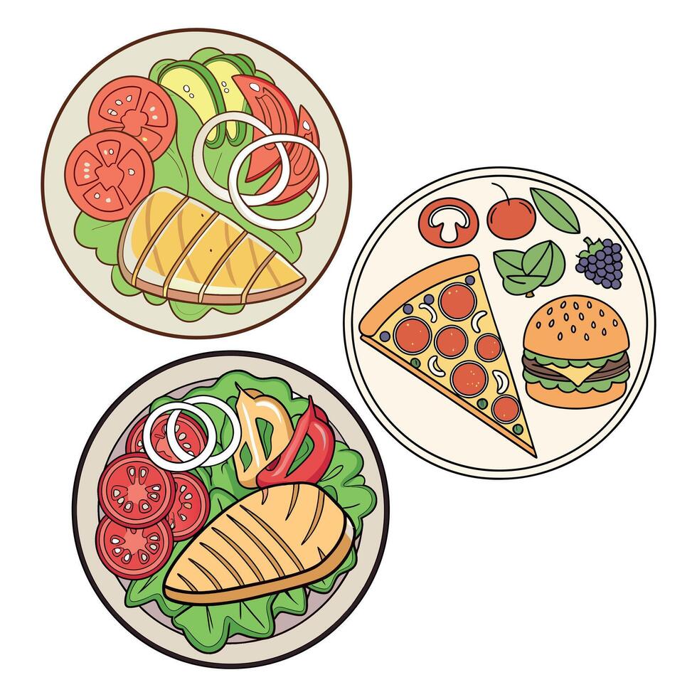 Three plates with food on them, including pizza, chicken, and salad vector