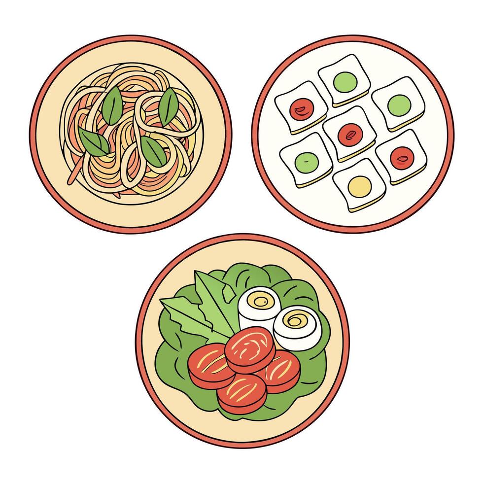 Set of food plates with pasta, egg, and vegetables vector