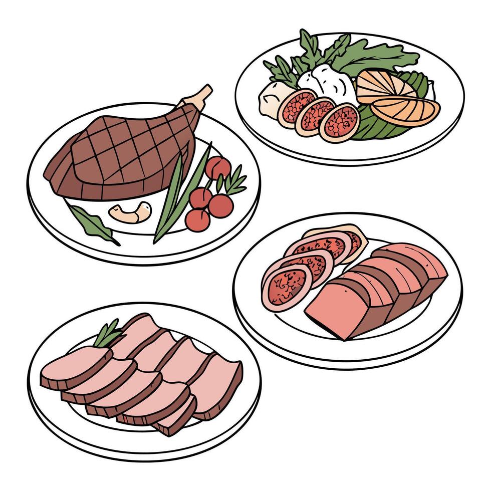 Three plates with meat and vegetables on them vector
