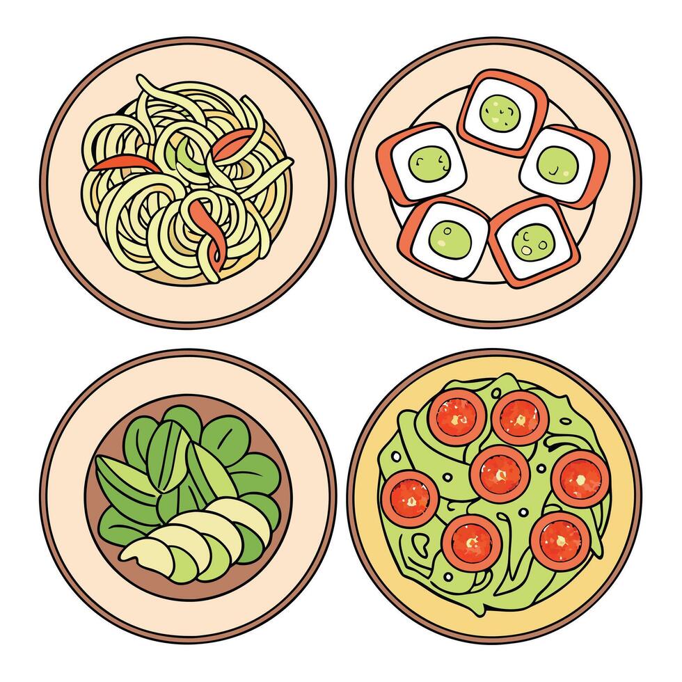 Collection of Hand drawn food dish Top View vector