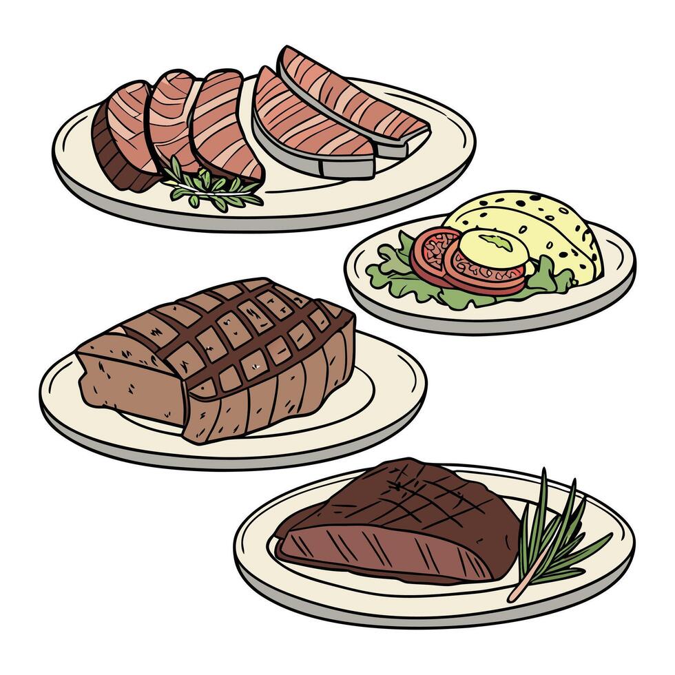 Plates of steak, salad and potatoes vector