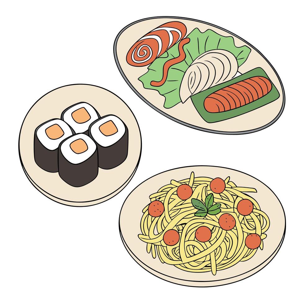 A set of plates with pasta, sushi and vegetables vector
