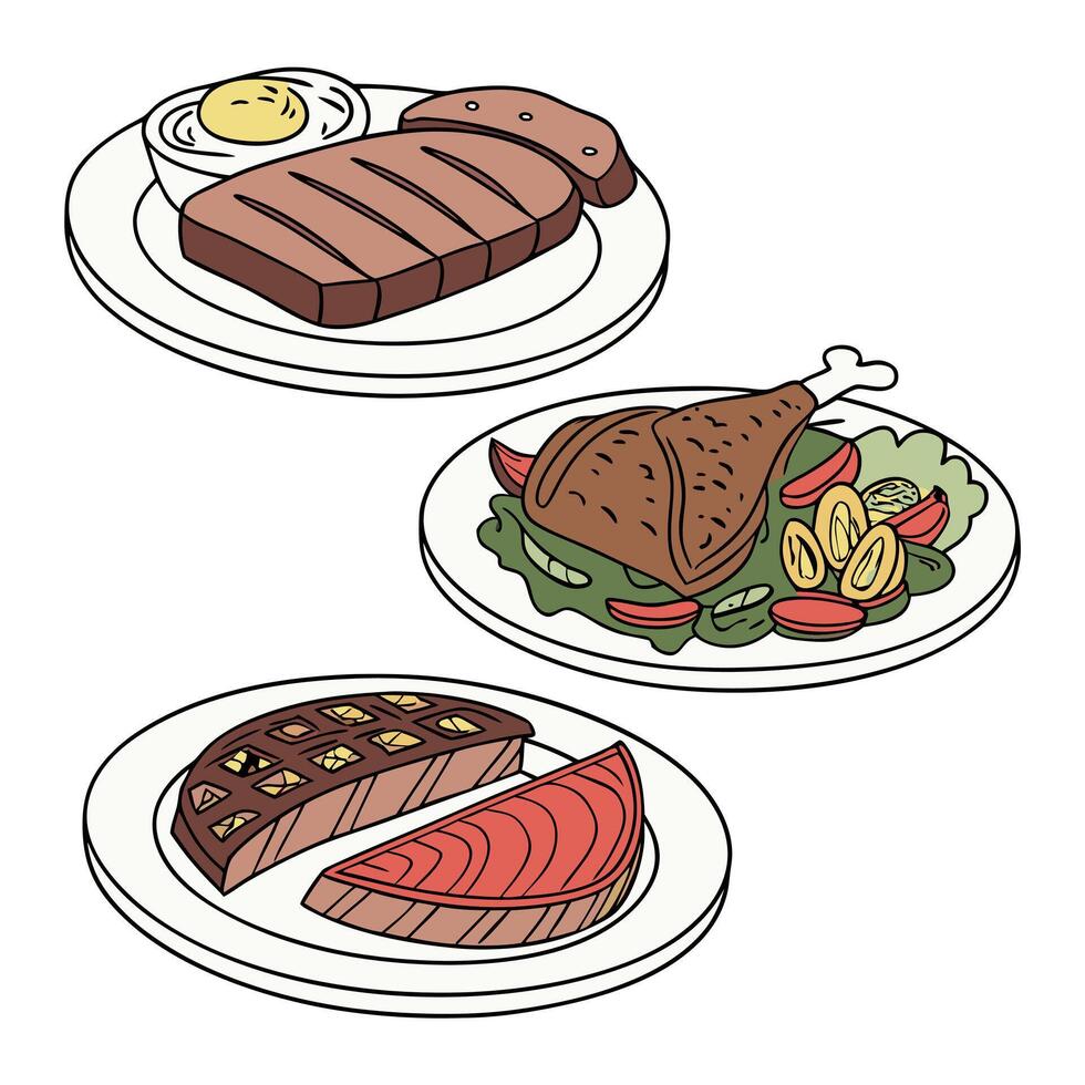 Illustration of steak, egg and salad on plates vector