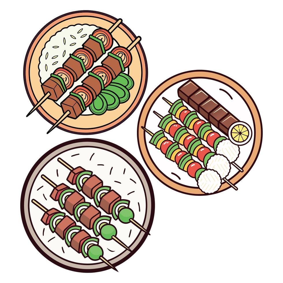 Three plates with skewers and rice on them vector