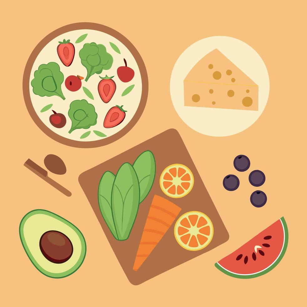 Plates with fruits, vegetables and cheese vector