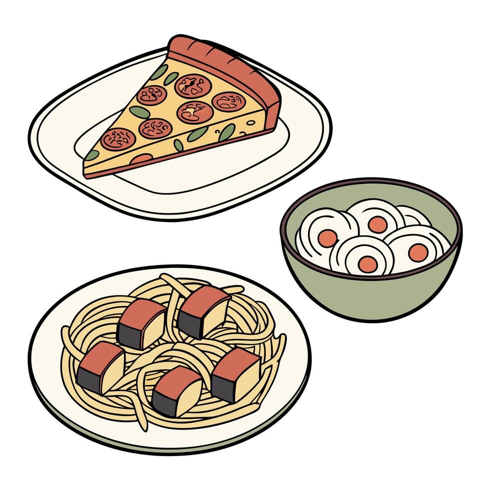A plate with pasta, pizza and eggs vector